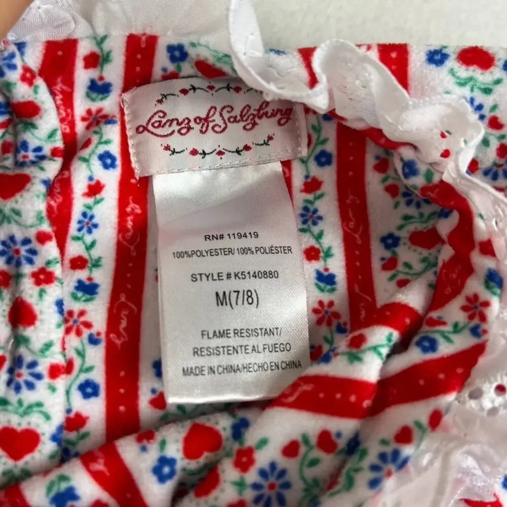 Lanz Nightgown Girls M 7/8 Red White Tyrolean Floral Fleece Eyelet Lace